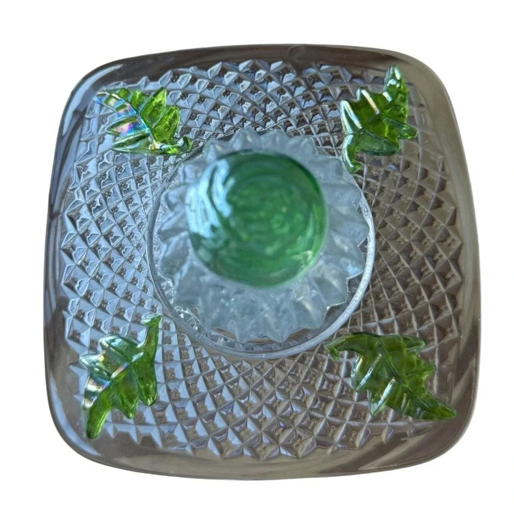Vintage Pressed Glass Pedestal Stand Green‎ Leaf Jewelry Display Cottagecore